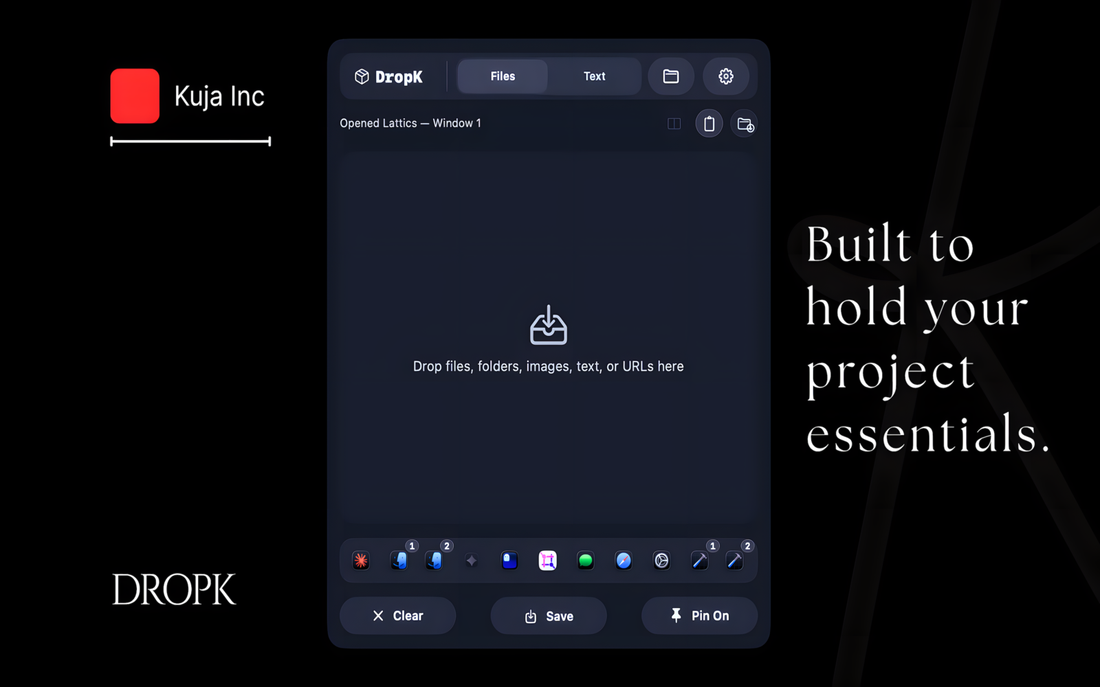 DropK 2.2 floating panel with the empty drop zone, the pin toggle, and the open-apps bar of running apps along the bottom.