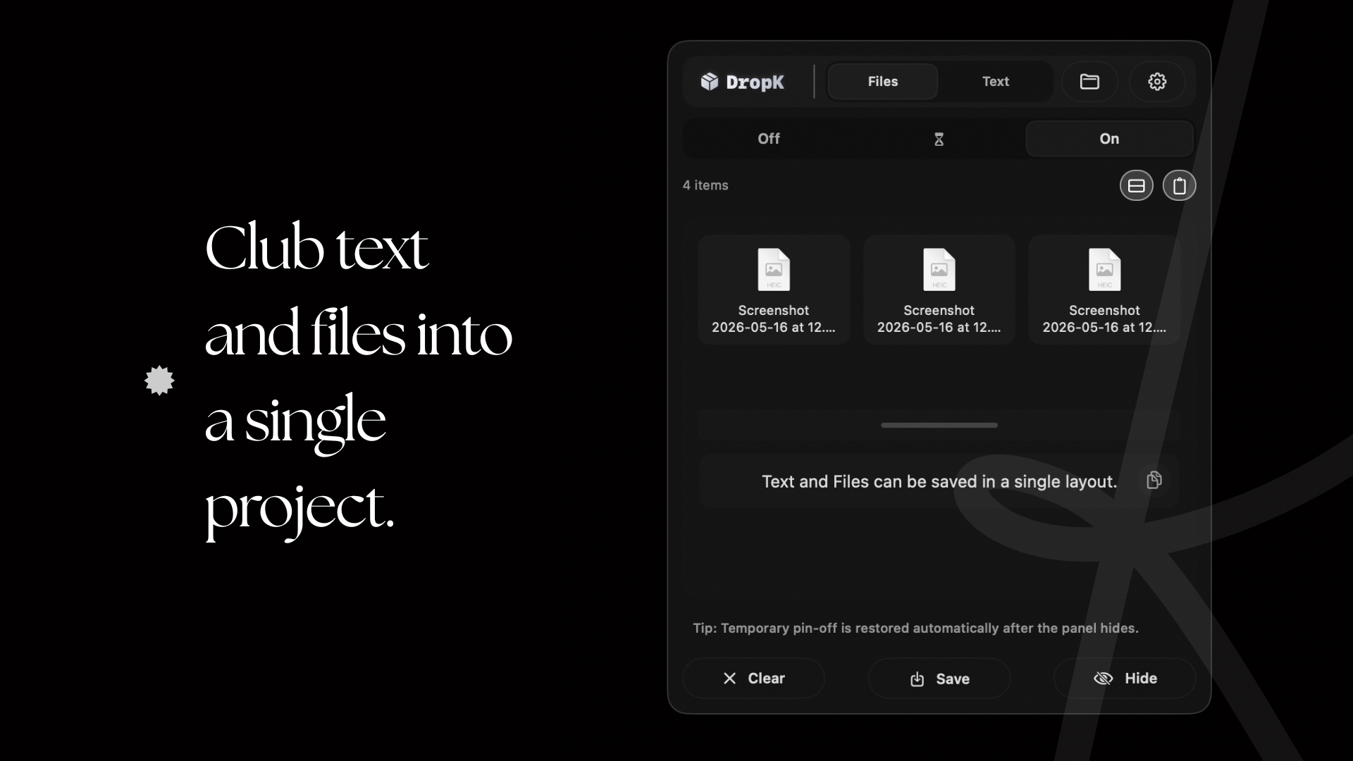 DropK display modes with vertical and horizontal arrangements for files and text.