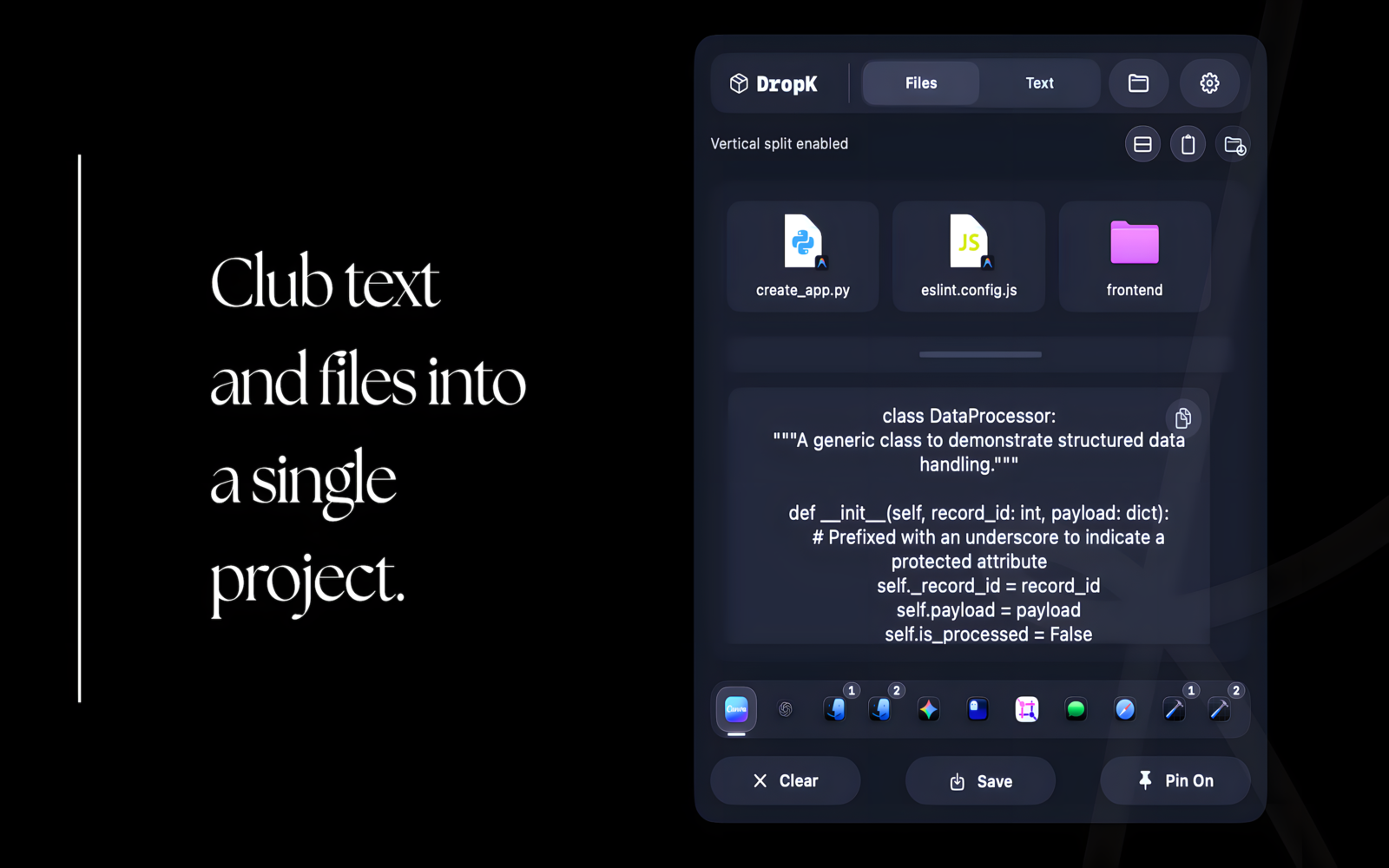 DropK holding a Python file, a JavaScript config, and a frontend folder alongside a class snippet of code in the text pane.
