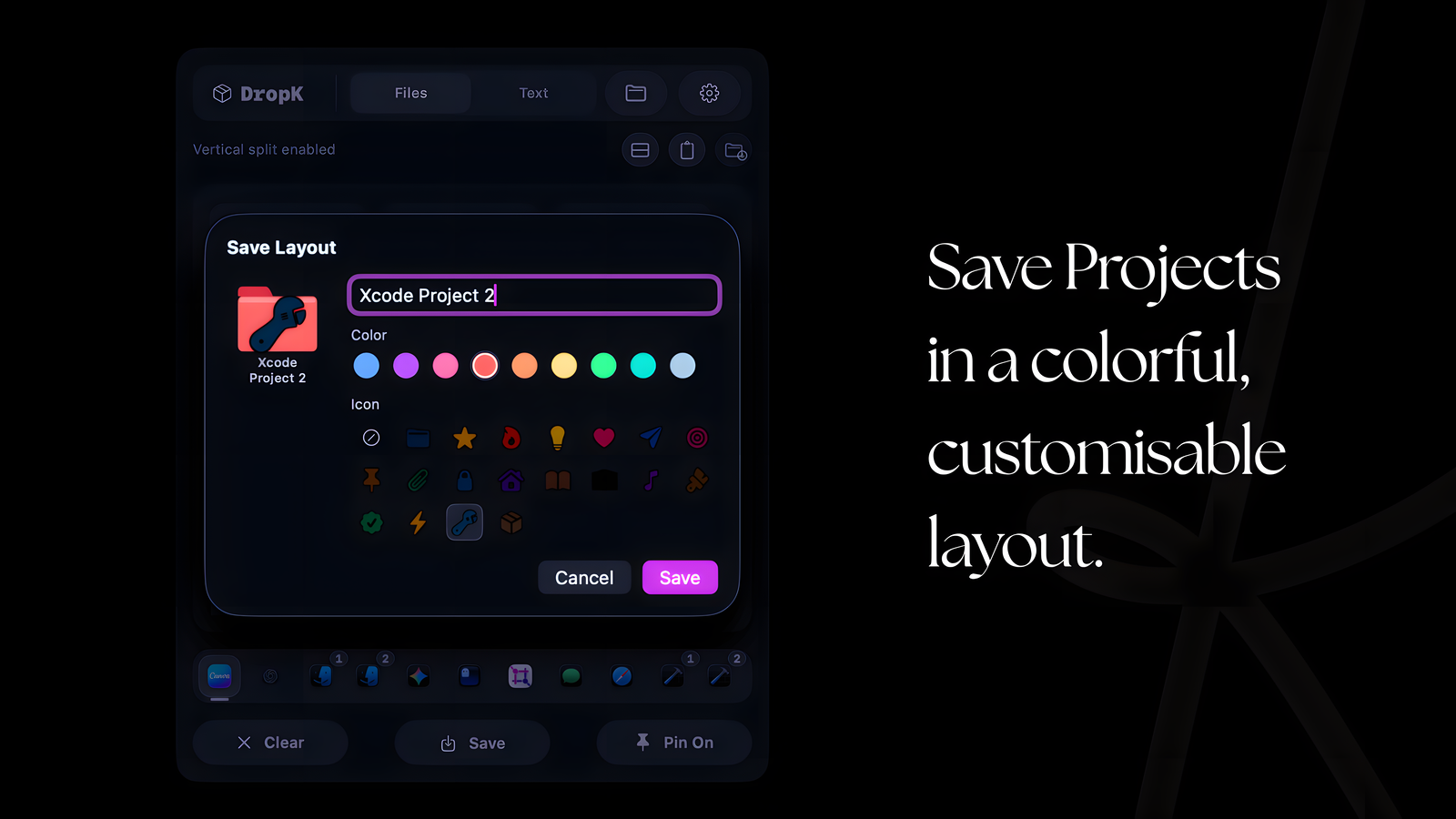 DropK's Save Layout sheet with a name field and a swatch grid of colors to tag the layout with.