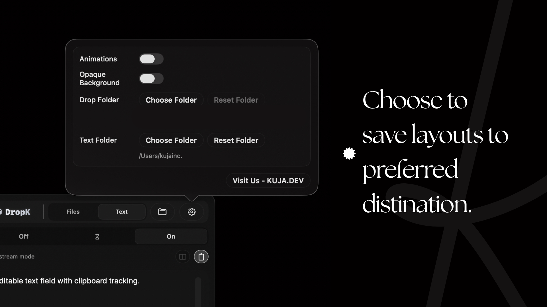 DropK settings panel for choosing where layouts are saved.
