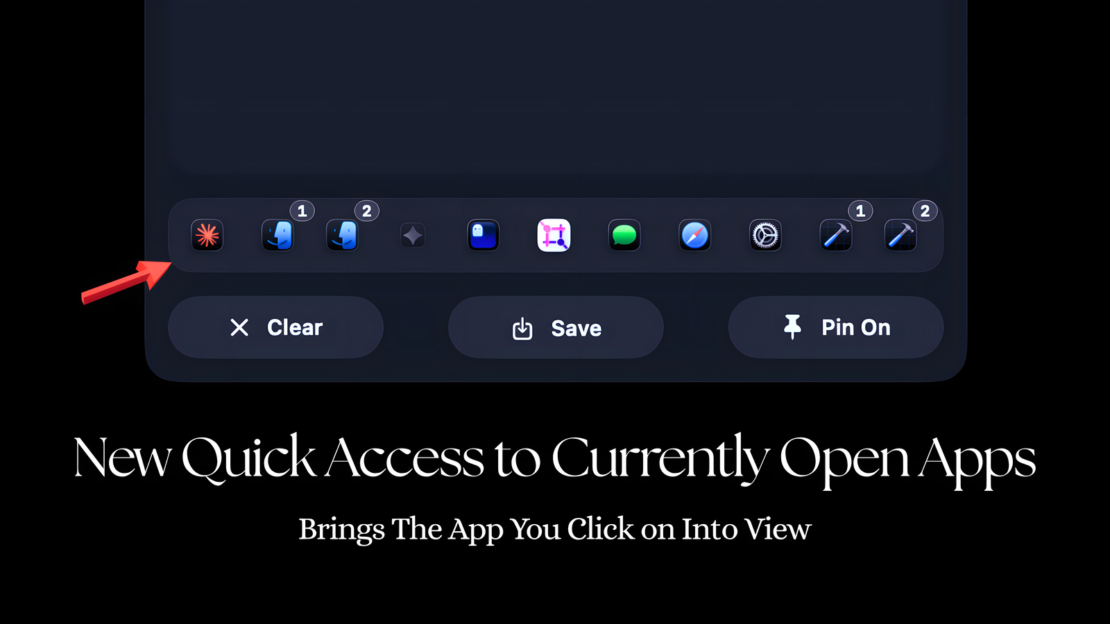 A red arrow points at the open-apps bar along the bottom of the DropK panel, showing running-app icons with drop badges.