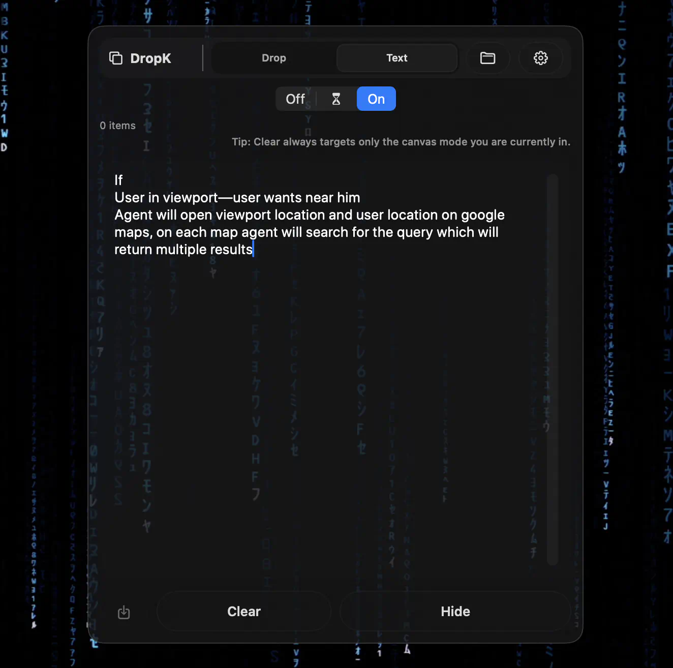DropK text mode focused on a single block of copied text in a dark translucent window.