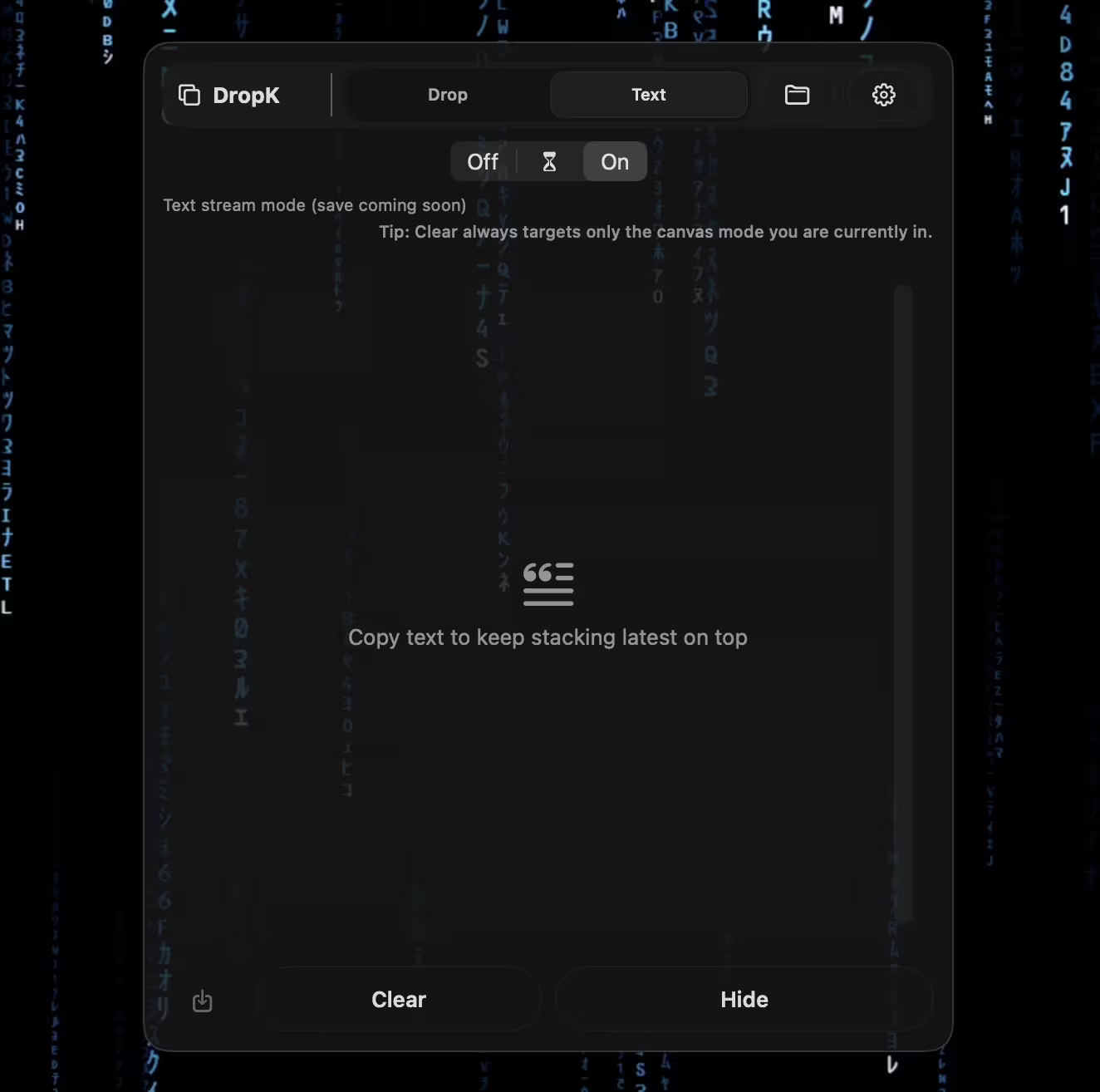 DropK text mode on a matrix-style code desktop.