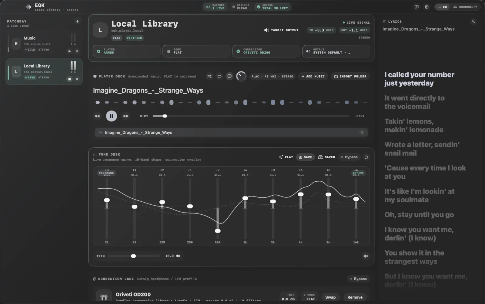 EQK interface with two apps routed independently, a live tone desk curve, headphone correction, and synced lyrics.